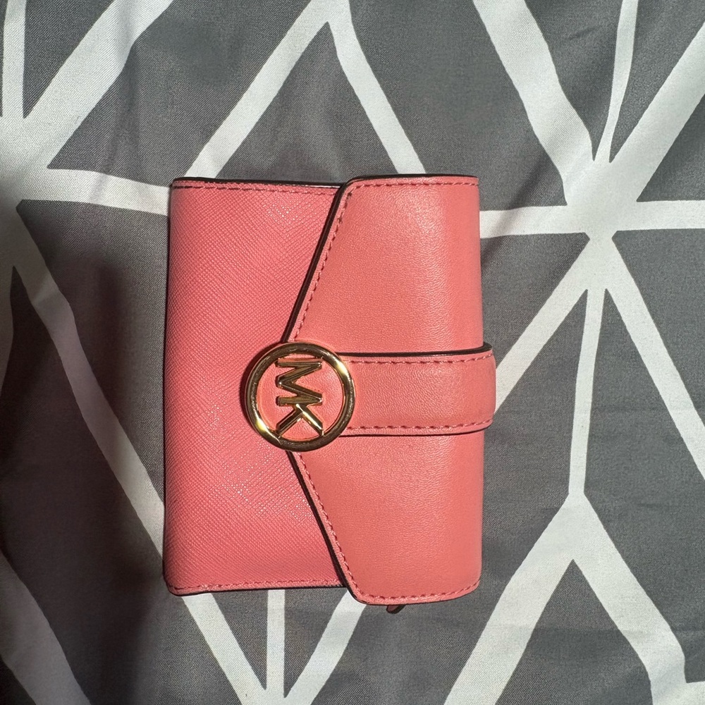 Michael Kors Coral Pink Saffiano Leather Trifold Wallet with Gold MK Logo